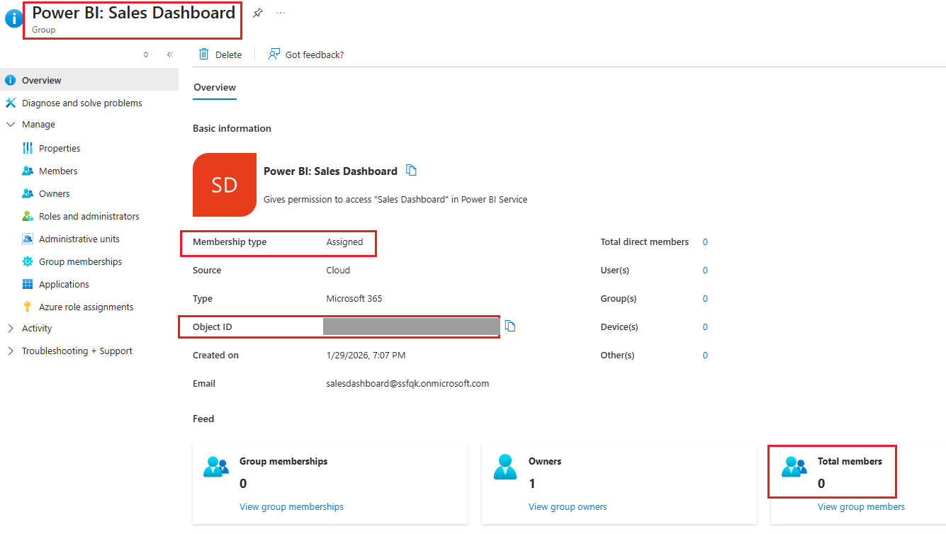 The Entra ID group for the Sales Dashboard app. It starts with no members.