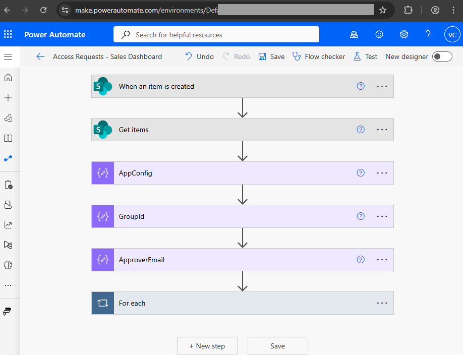 The flow: trigger, look up the app configuration, then the approval loop.