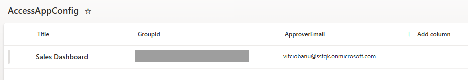 The Sales Dashboard row in AccessAppConfig.