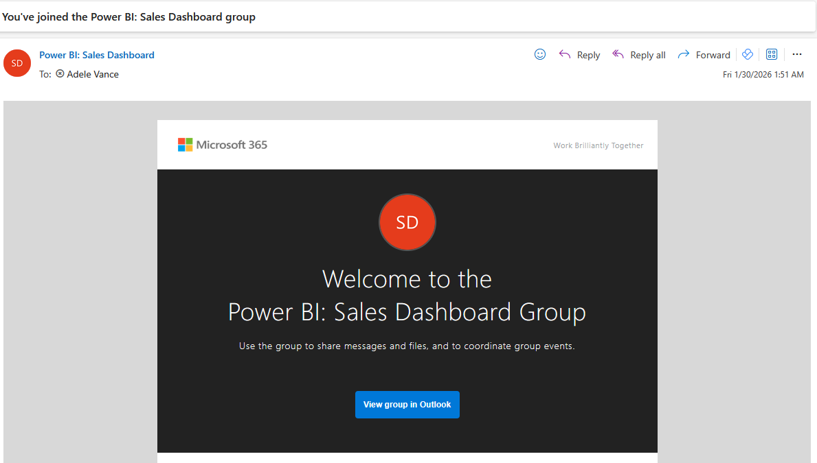 The Microsoft 365 group welcome email.