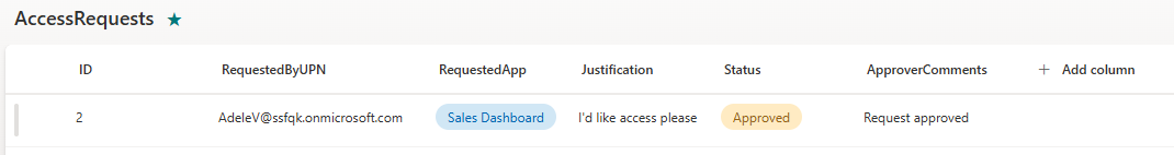 The request, approved, with the approver’s comment.
